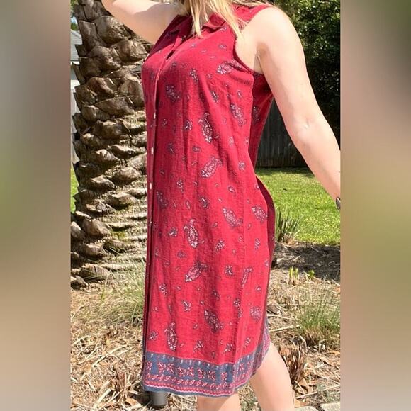 Vintage Dead stock Linen Blend Red Sleeveless Shirt Dress - Picture 2 of 5